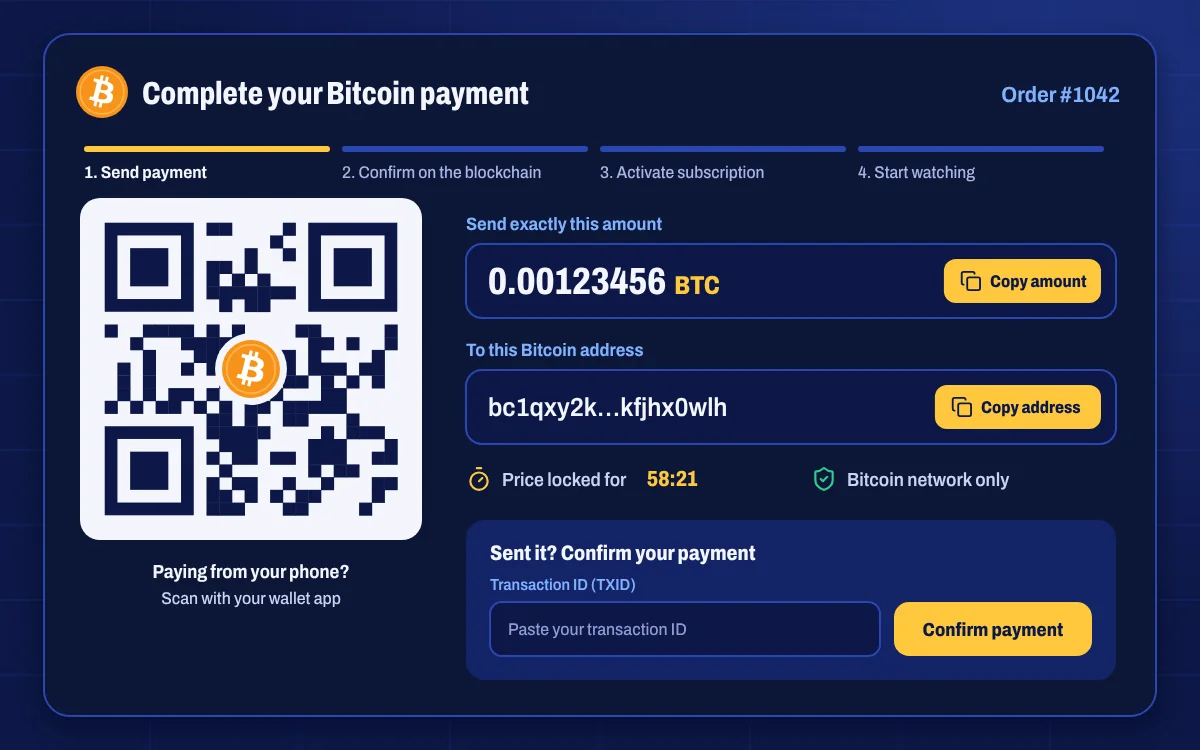 Bitcoin payment page with the amount, a QR code and copy buttons