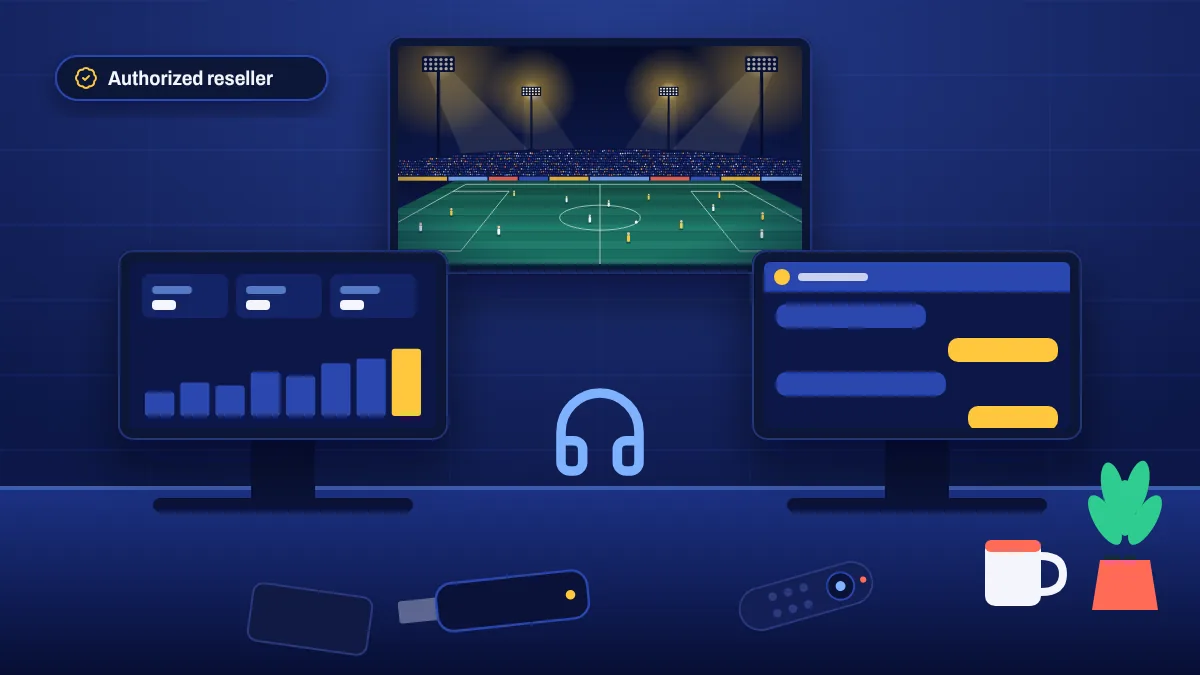 A support desk with monitors, a headset and streaming devices