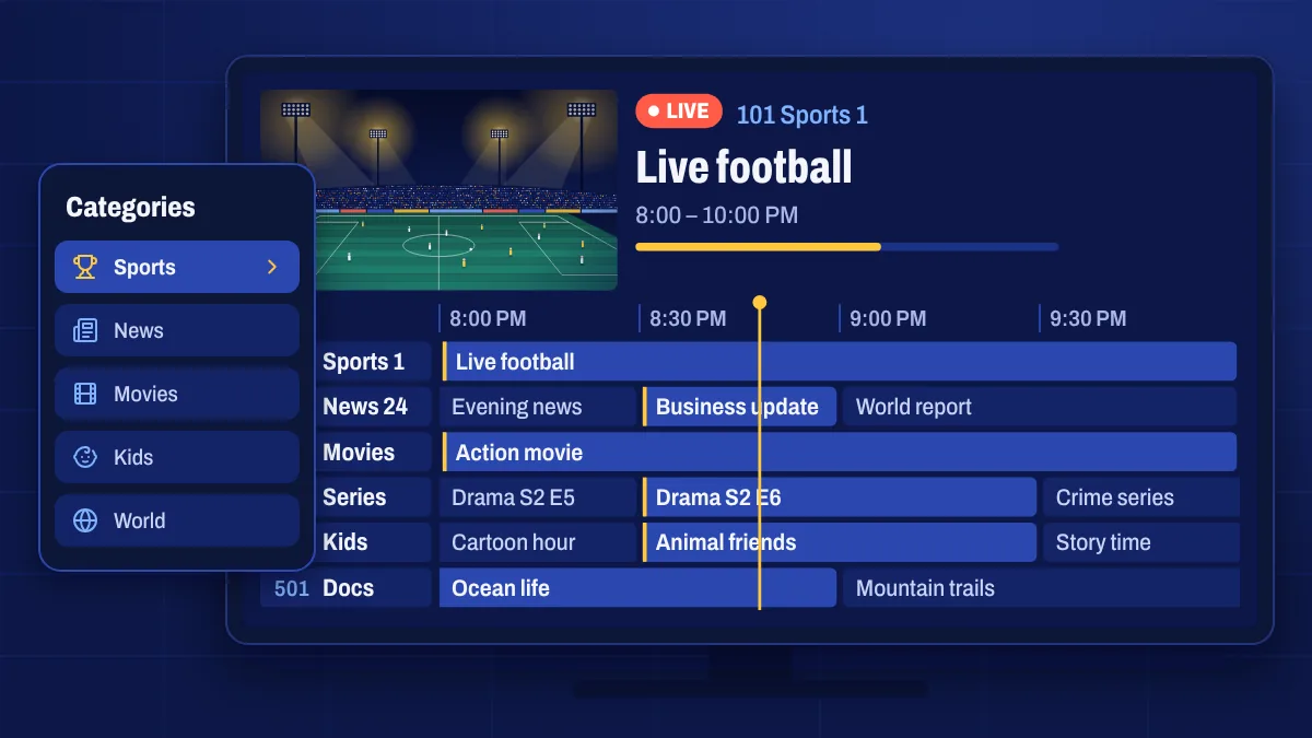 A TV guide grid with sports, news, movie, series, kids and documentary channels