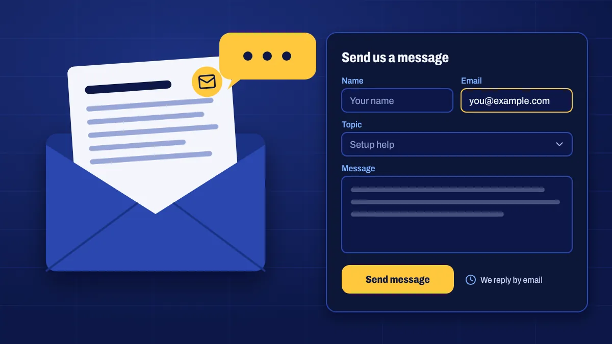 An email envelope, a chat bubble and a contact form