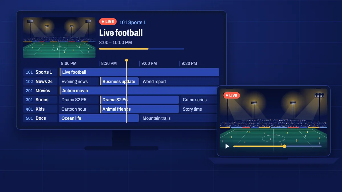 A laptop and desktop monitor showing a live TV channel and guide