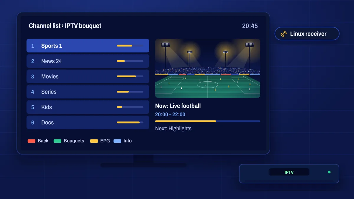 A Linux satellite receiver with an IPTV channel bouquet on screen