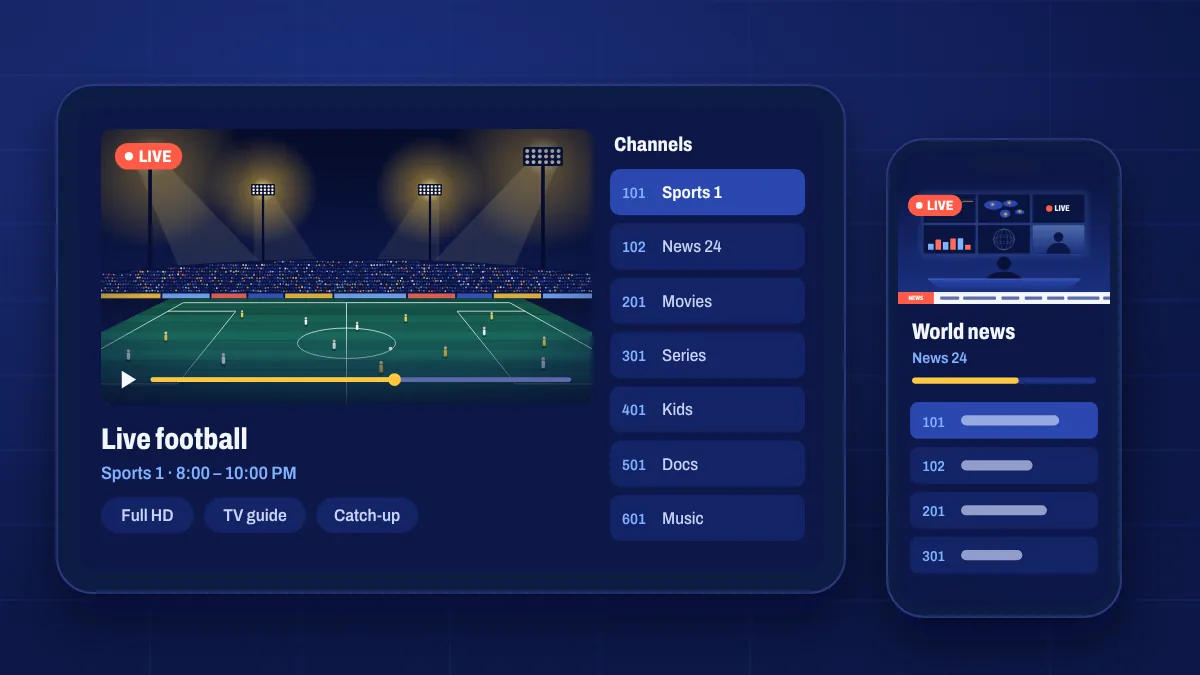 An iPhone and iPad showing a live TV channel in an IPTV player