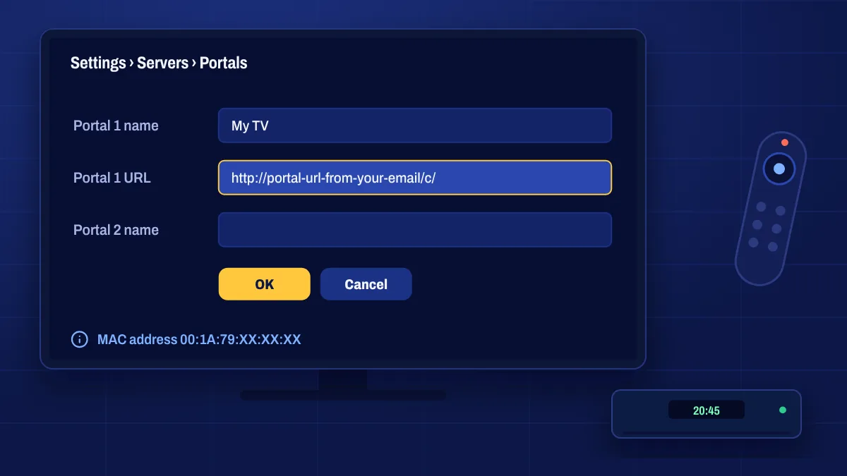 A MAG set-top box with its remote and a portal settings screen
