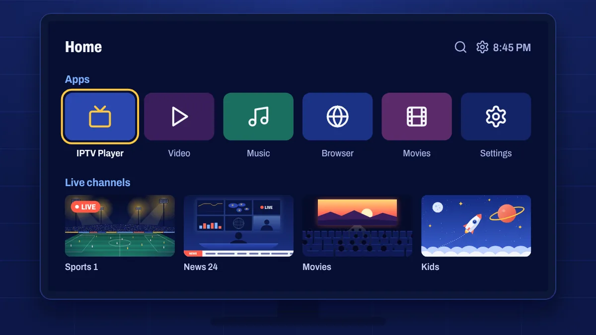 A smart TV home screen with an IPTV player app selected and live channel tiles