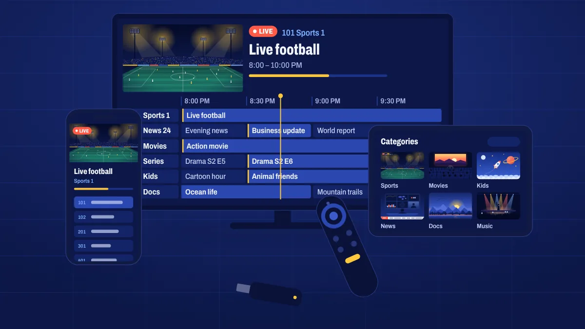 A smart TV, streaming stick, tablet and phone all playing live TV