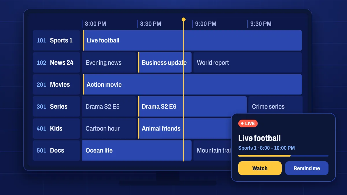 An electronic programme guide grid with channels, times and a highlighted now line