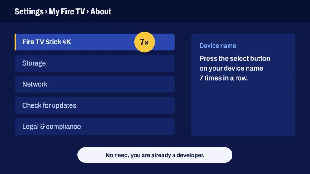 Fire TV About screen: press the device name seven times to unlock Developer options