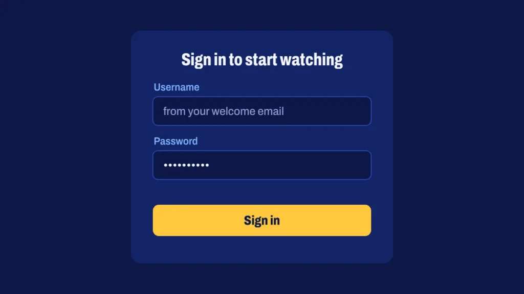 IPTV app sign-in screen with username and password fields