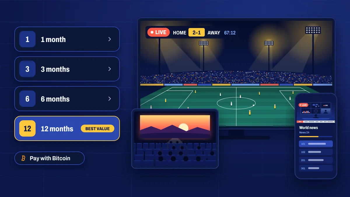 An IPTV subscription shown on a TV, phone and tablet with plan lengths of 1, 3, 6 and 12 months