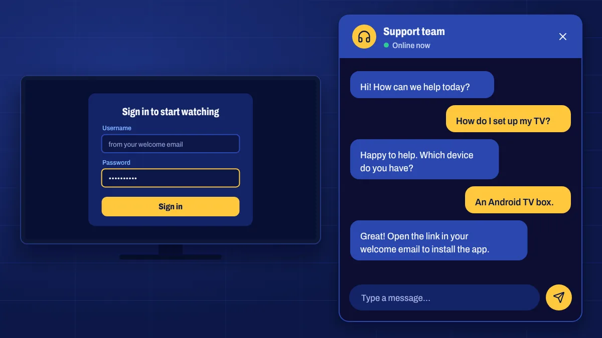 A live chat window with a support agent helping a customer set up a TV