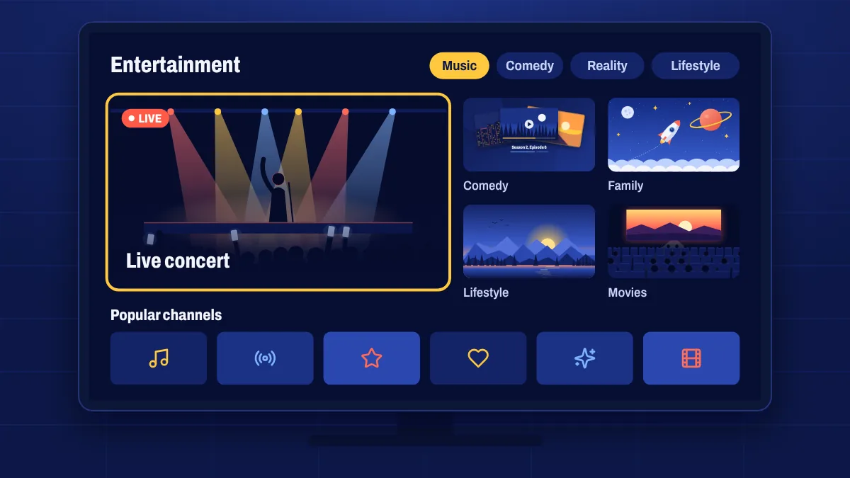 Music and entertainment channel tiles on a TV home screen