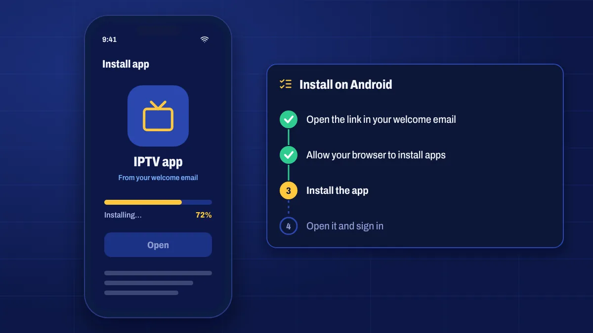 An Android phone installing an IPTV app with a progress bar