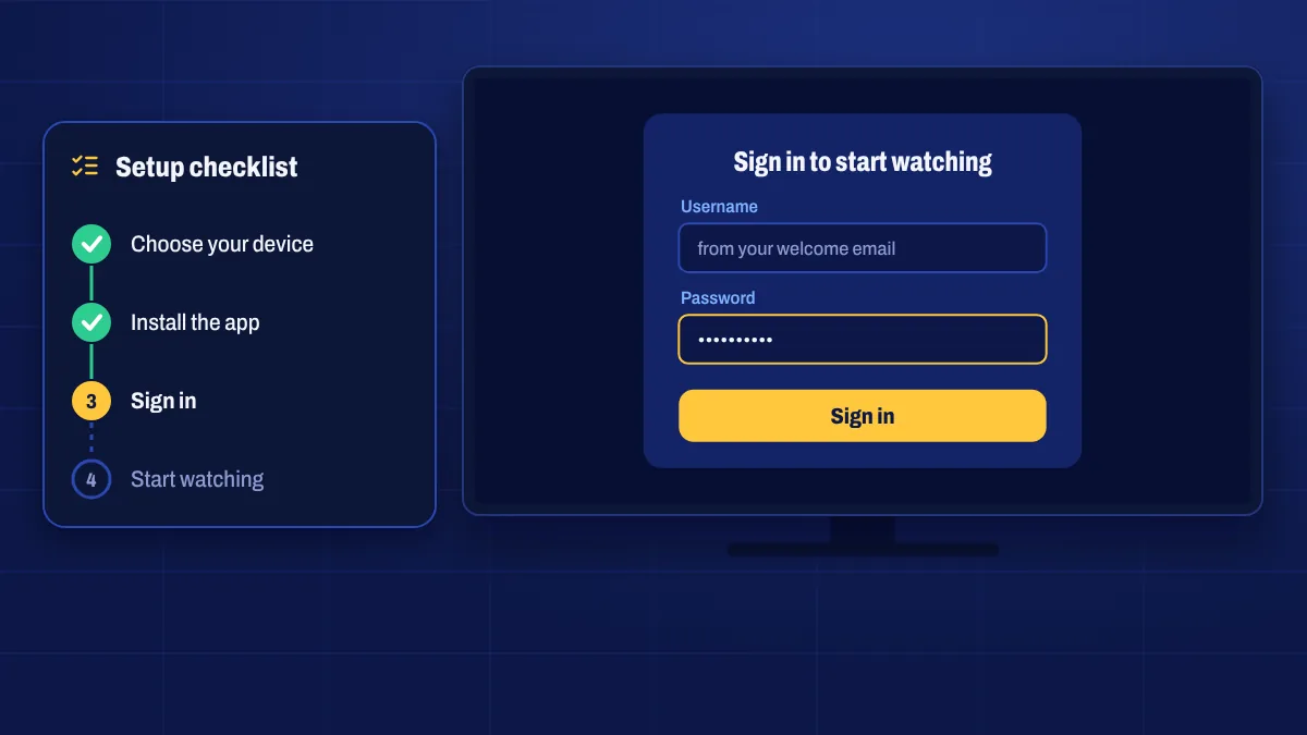 A step-by-step setup checklist next to a TV showing the sign-in screen