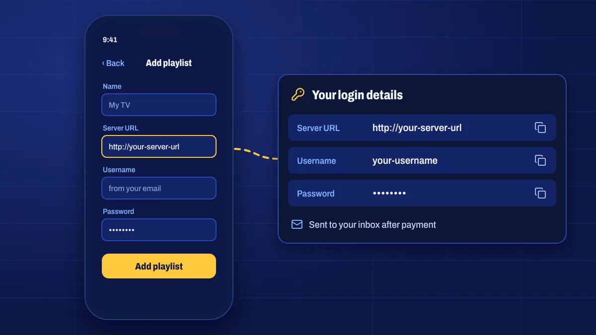 An iPhone adding an IPTV playlist with server, username and password fields