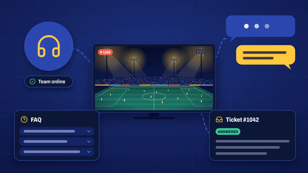 A support headset, chat bubbles and a ticket card around a TV