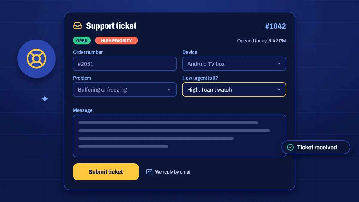 A support ticket form with a ticket number and priority label