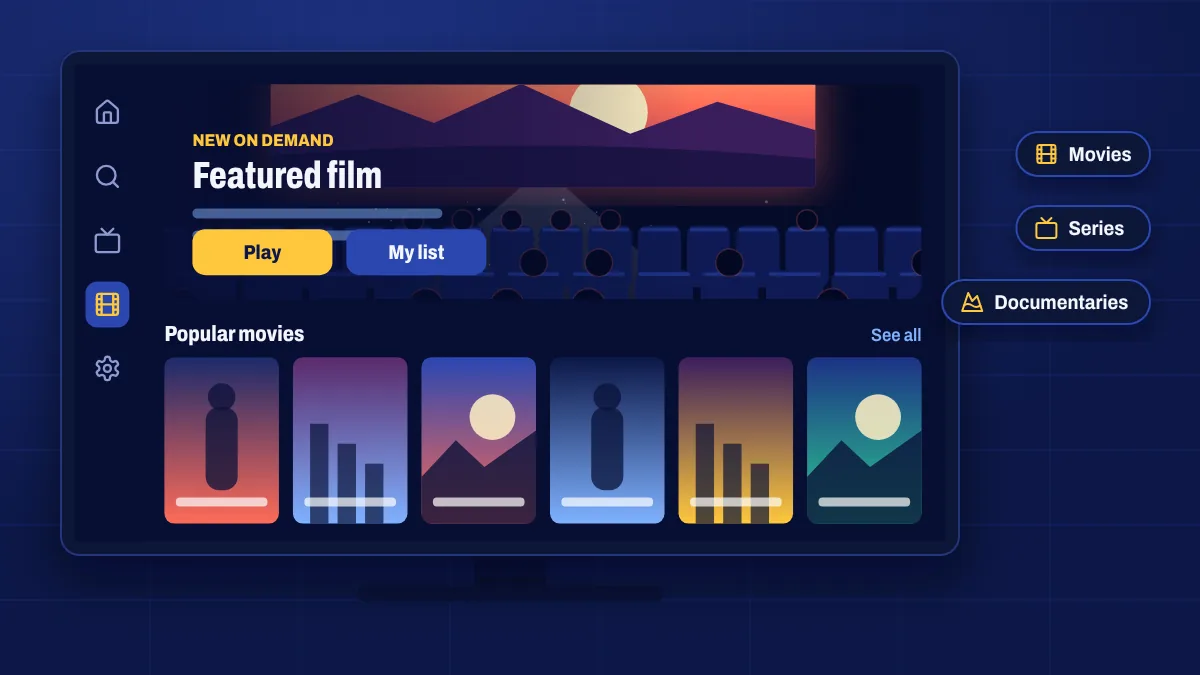 An on-demand library of movie and series posters on a TV screen