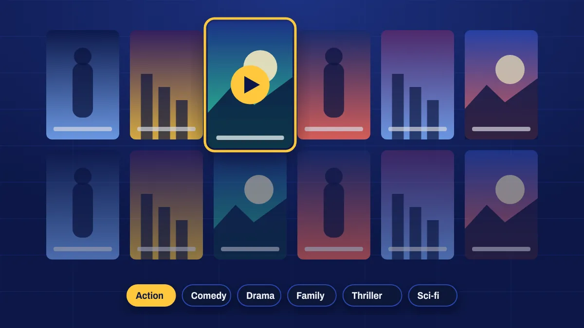 A grid of movie posters with one film selected and a play button