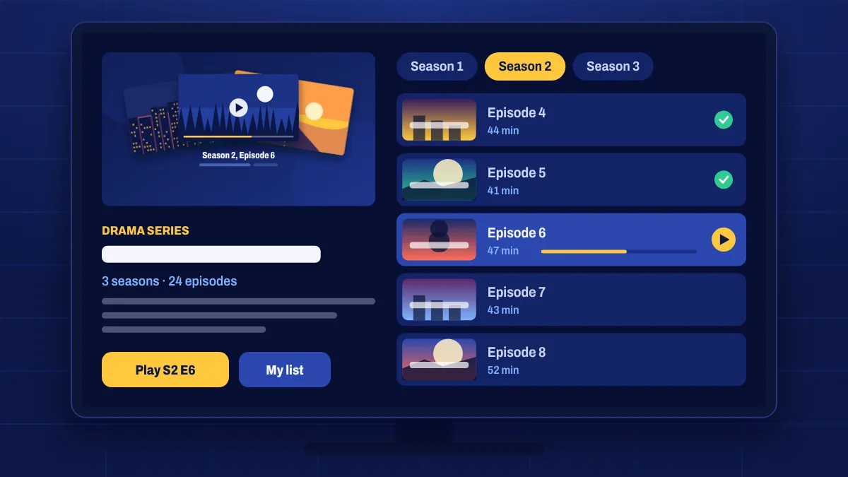 A TV series page with seasons and a list of episodes